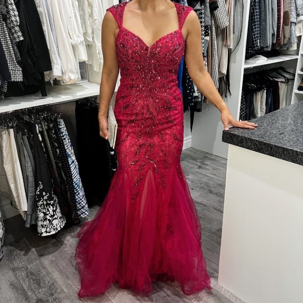 NWT Mac Duggal Red Pink Mermaid Formal Gown $798 - Picture 2 of 13